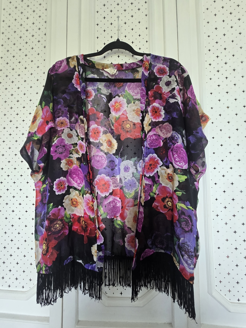 La Hearts Black Floral Sheer Kimono with Fringe